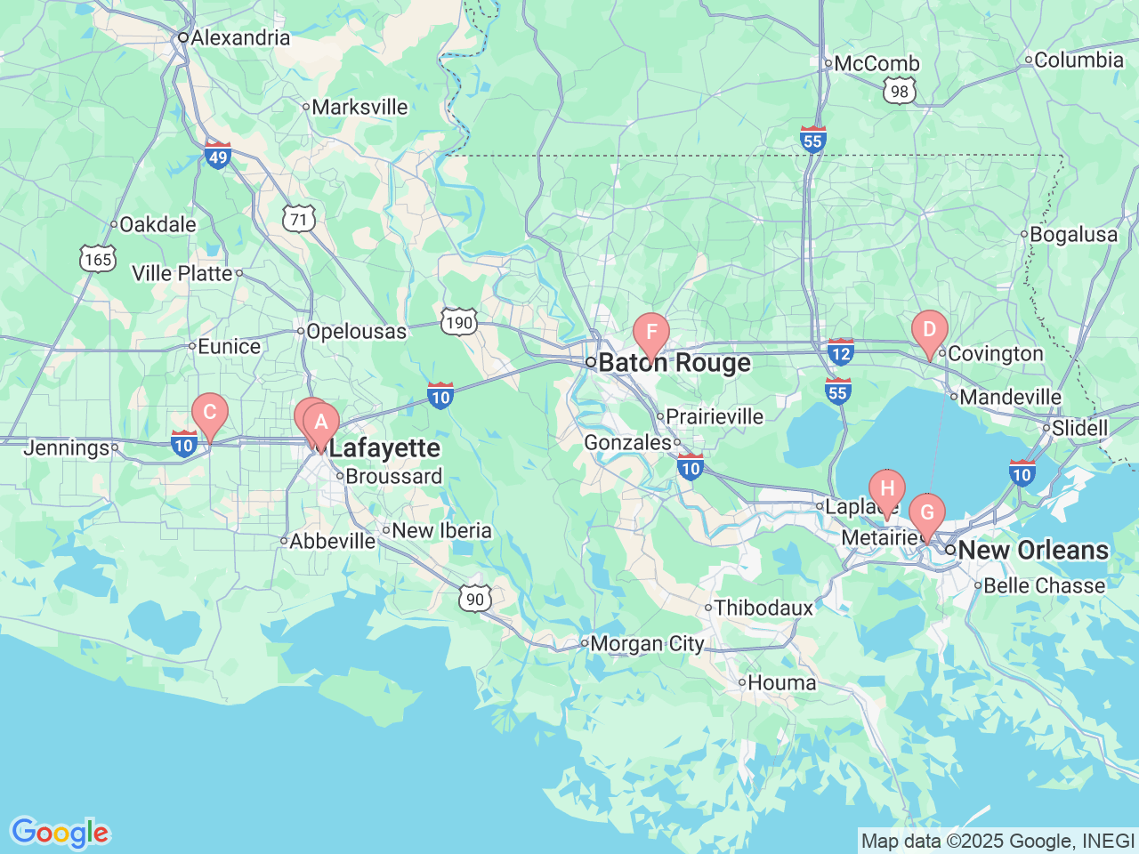 Map of Ochsner-affiliated facilities that provide services related to Prostate Cancer