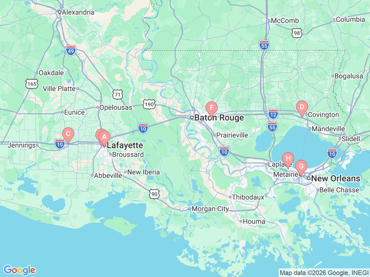 Map of Ochsner-affiliated facilities that provide services related to Prostate Cancer