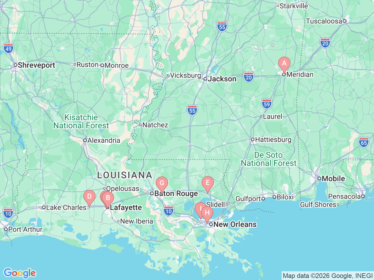 Map of Ochsner-affiliated facilities that provide services related to Prostate Cancer