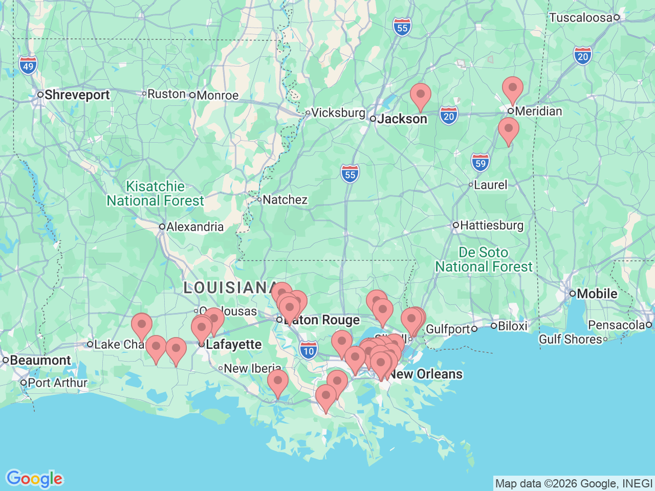 Map of Ochsner-affiliated facilities that provide services related to Psychiatry & Behavioral Health Services