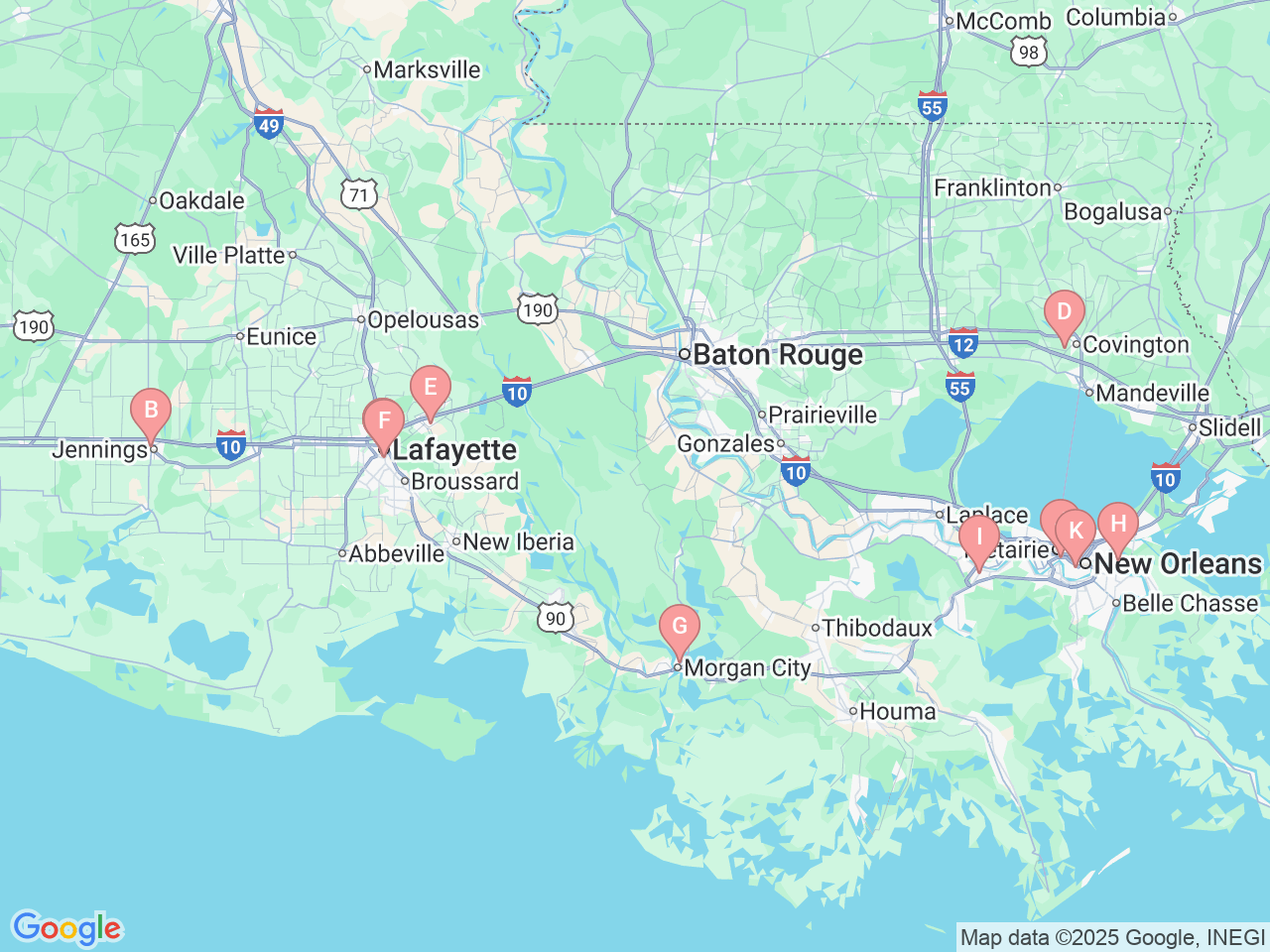 Map of Ochsner-affiliated facilities that provide services related to Pulmonary Rehab