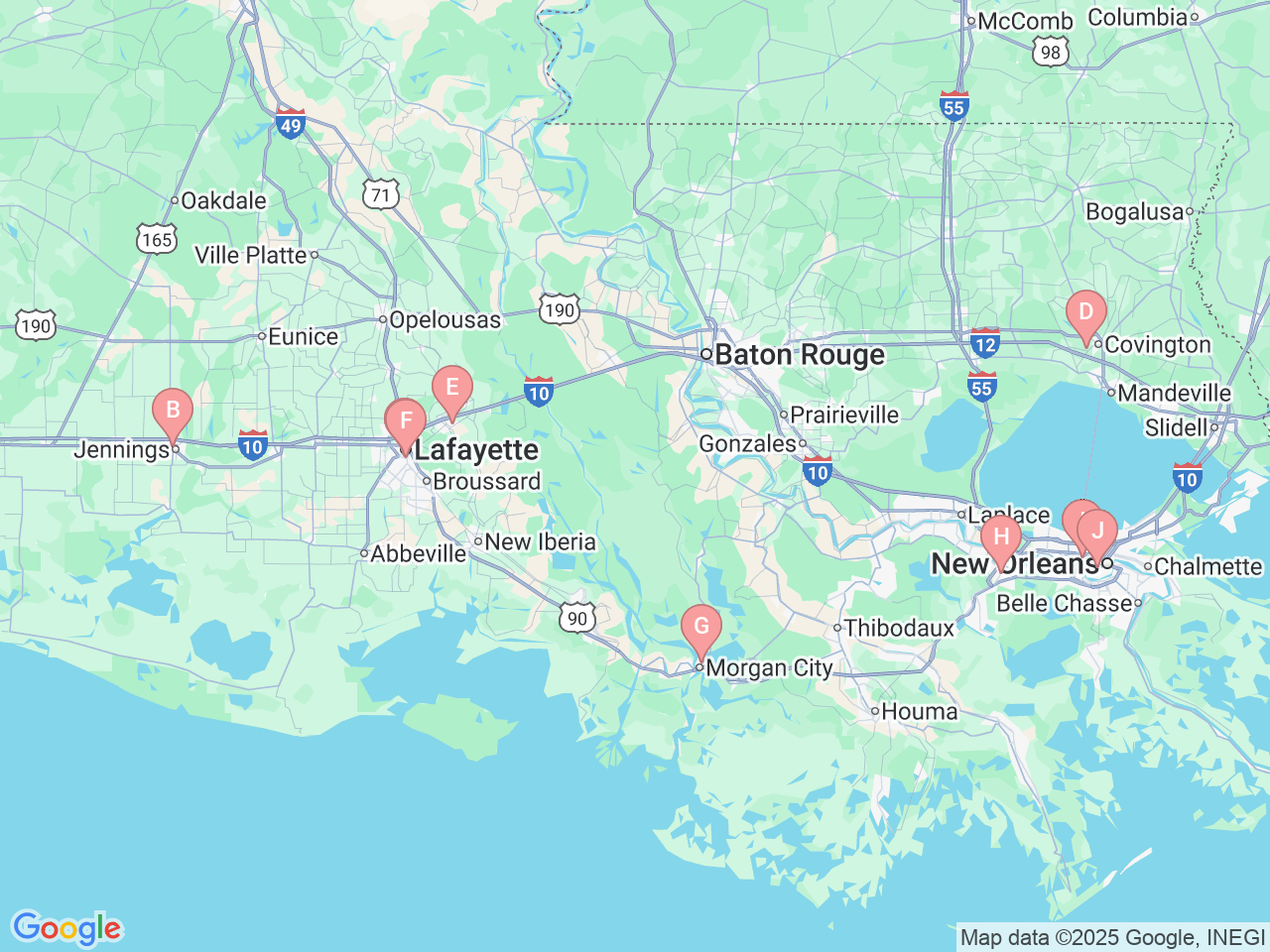 Map of Ochsner-affiliated facilities that provide services related to Pulmonary Rehab