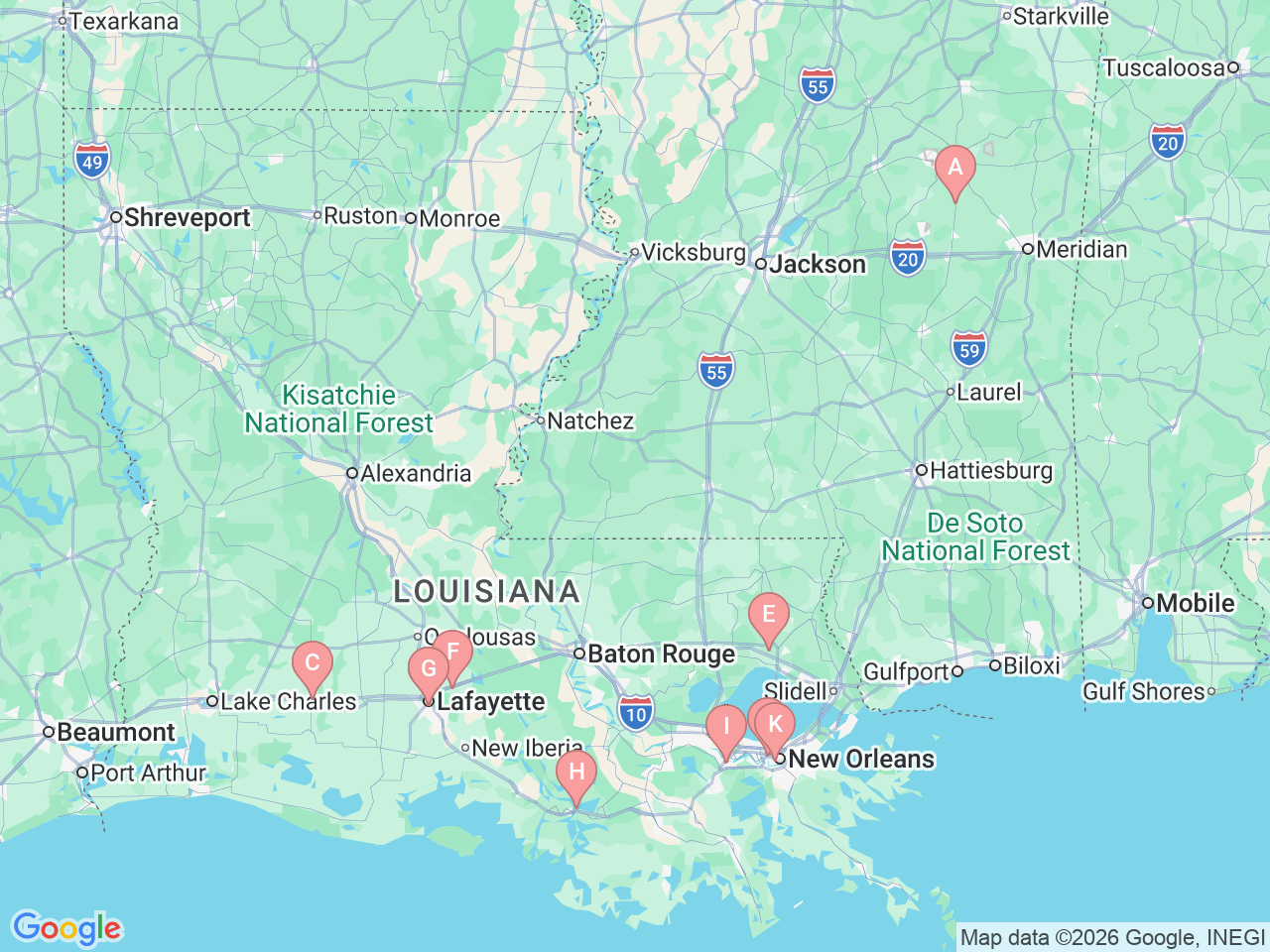 Map of Ochsner-affiliated facilities that provide services related to Pulmonary Rehab