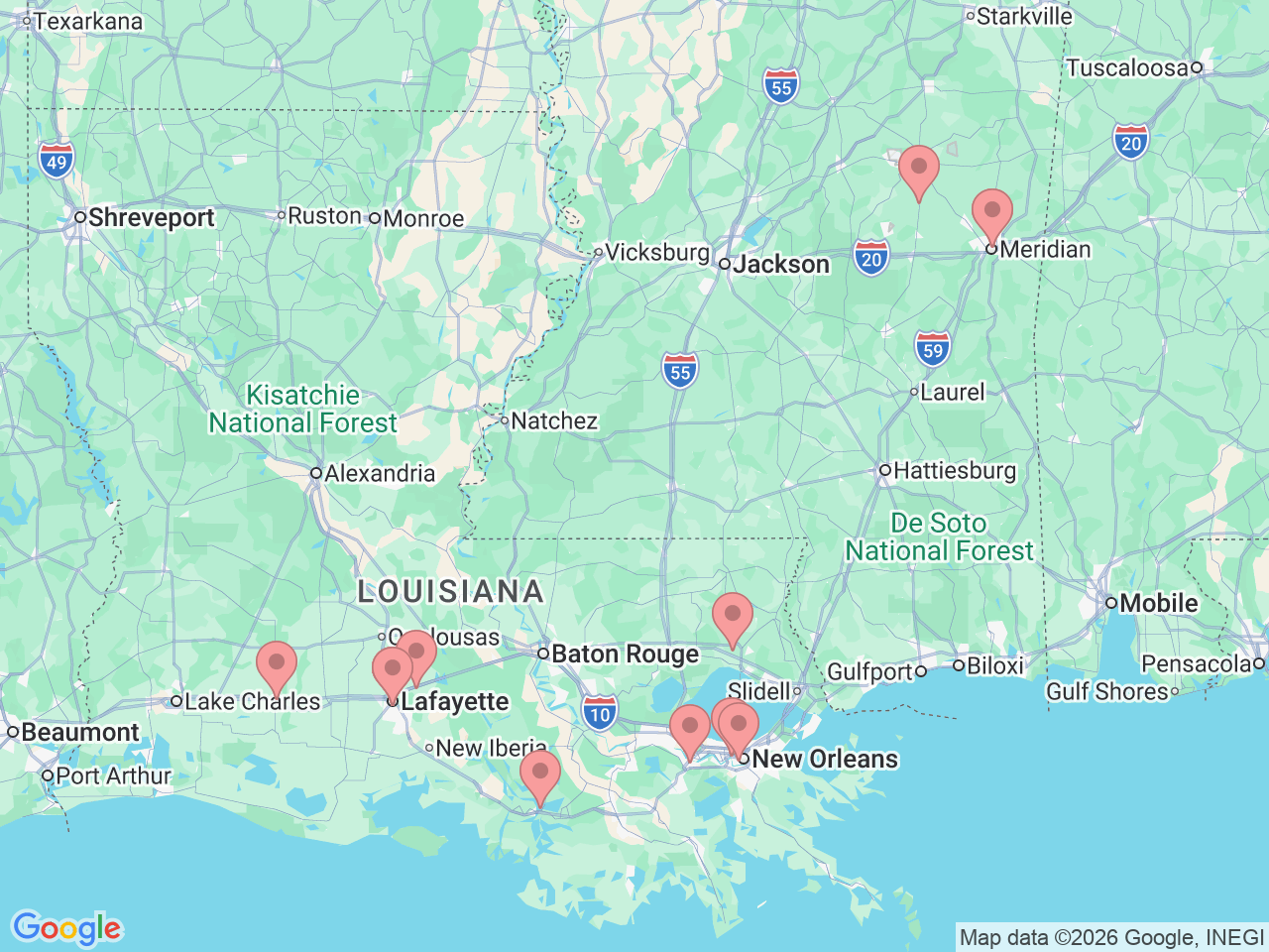 Map of Ochsner-affiliated facilities that provide services related to Pulmonary Rehab