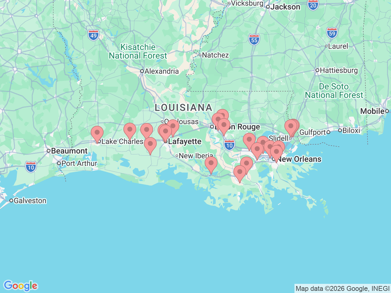 Map of Ochsner-affiliated facilities that provide services related to Pulmonary Services