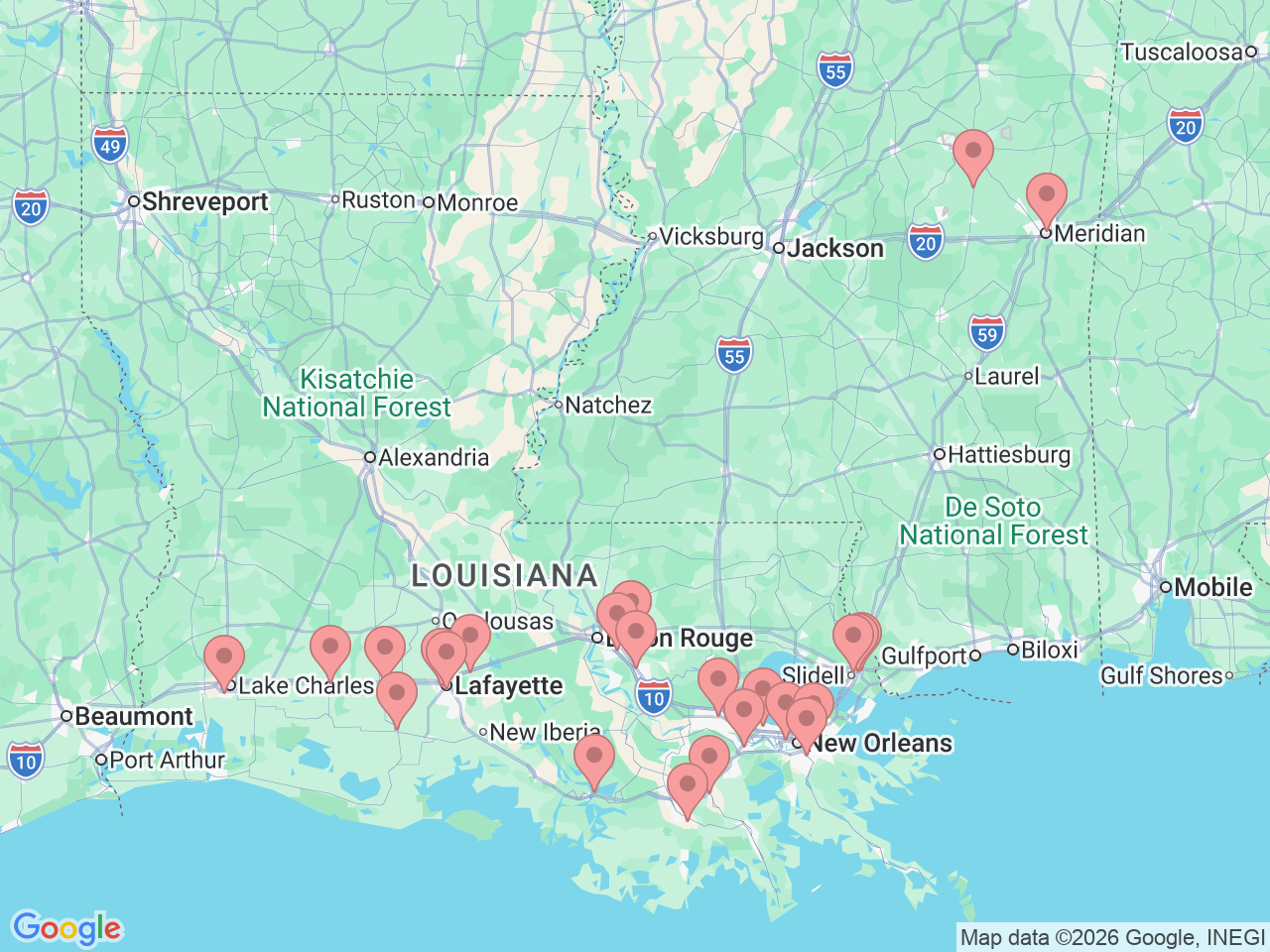 Map of Ochsner-affiliated facilities that provide services related to Pulmonary Services