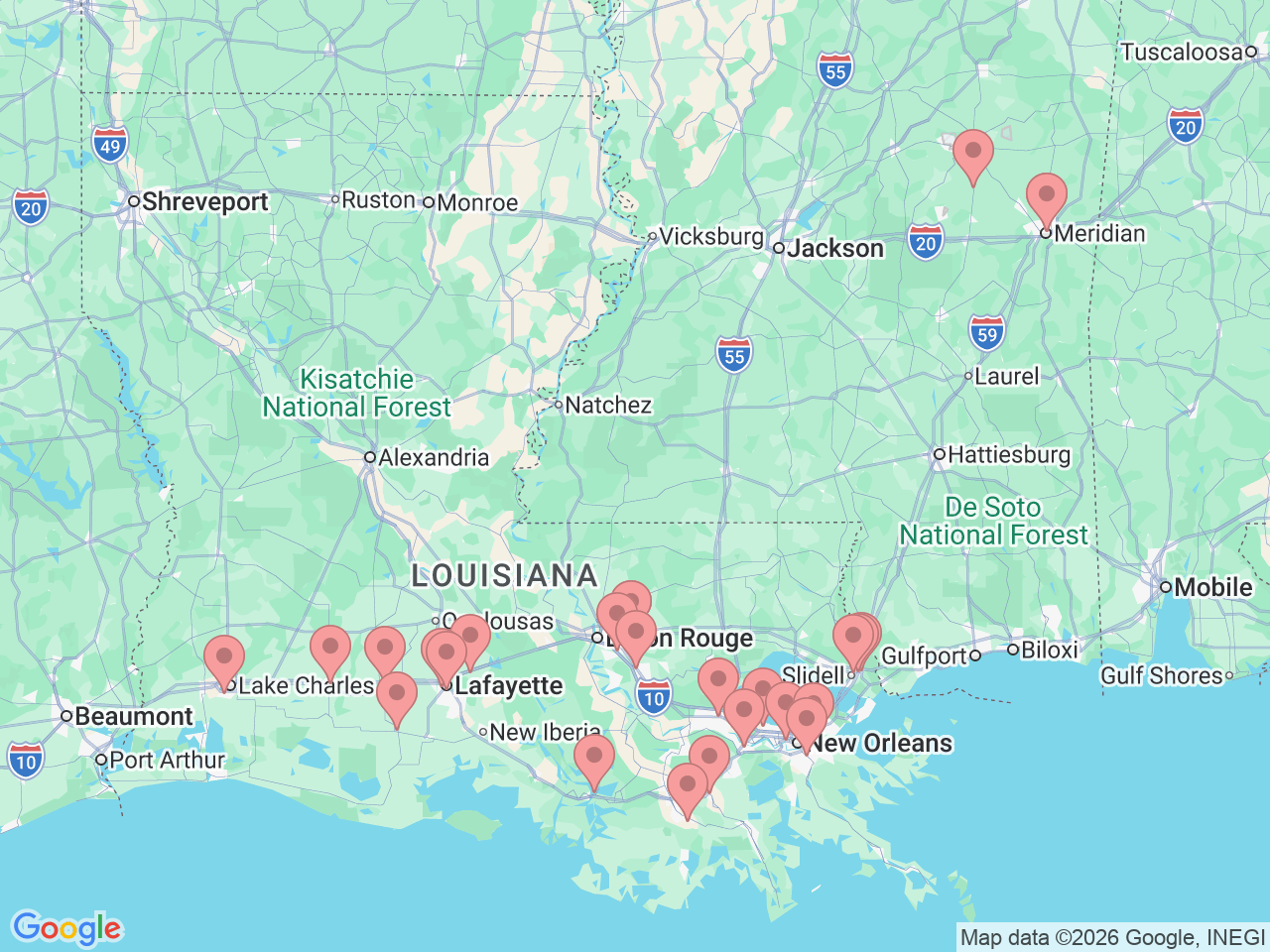 Map of Ochsner-affiliated facilities that provide services related to Pulmonary Services