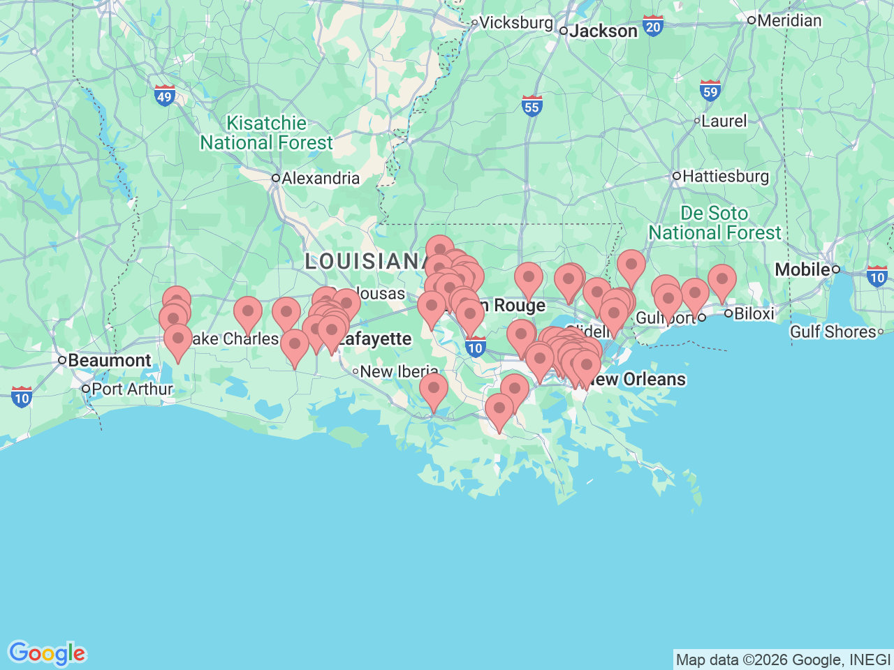 Map of Ochsner-affiliated facilities that provide services related to Radiology and Diagnostic Imaging