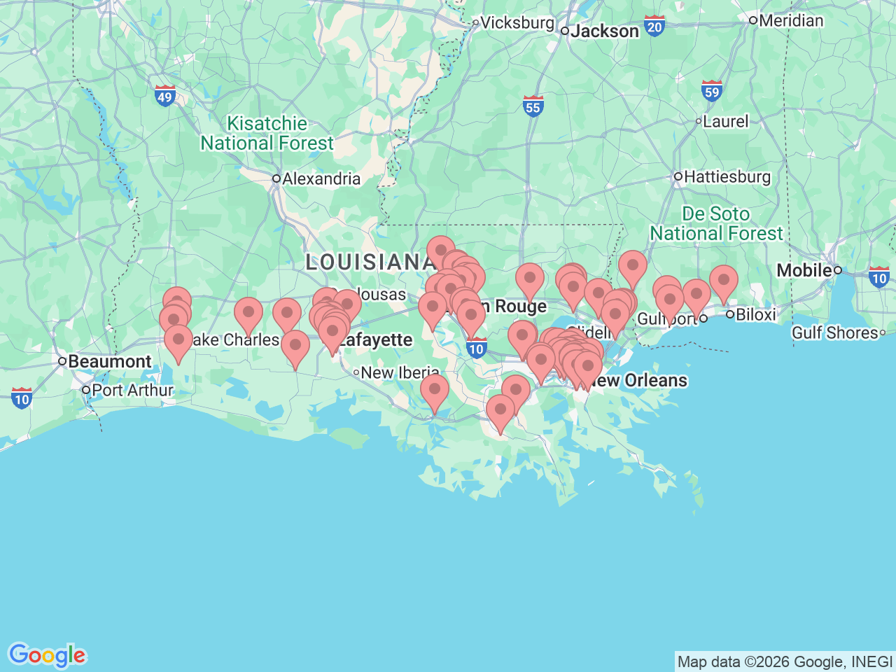 Map of Ochsner-affiliated facilities that provide services related to Radiology and Diagnostic Imaging