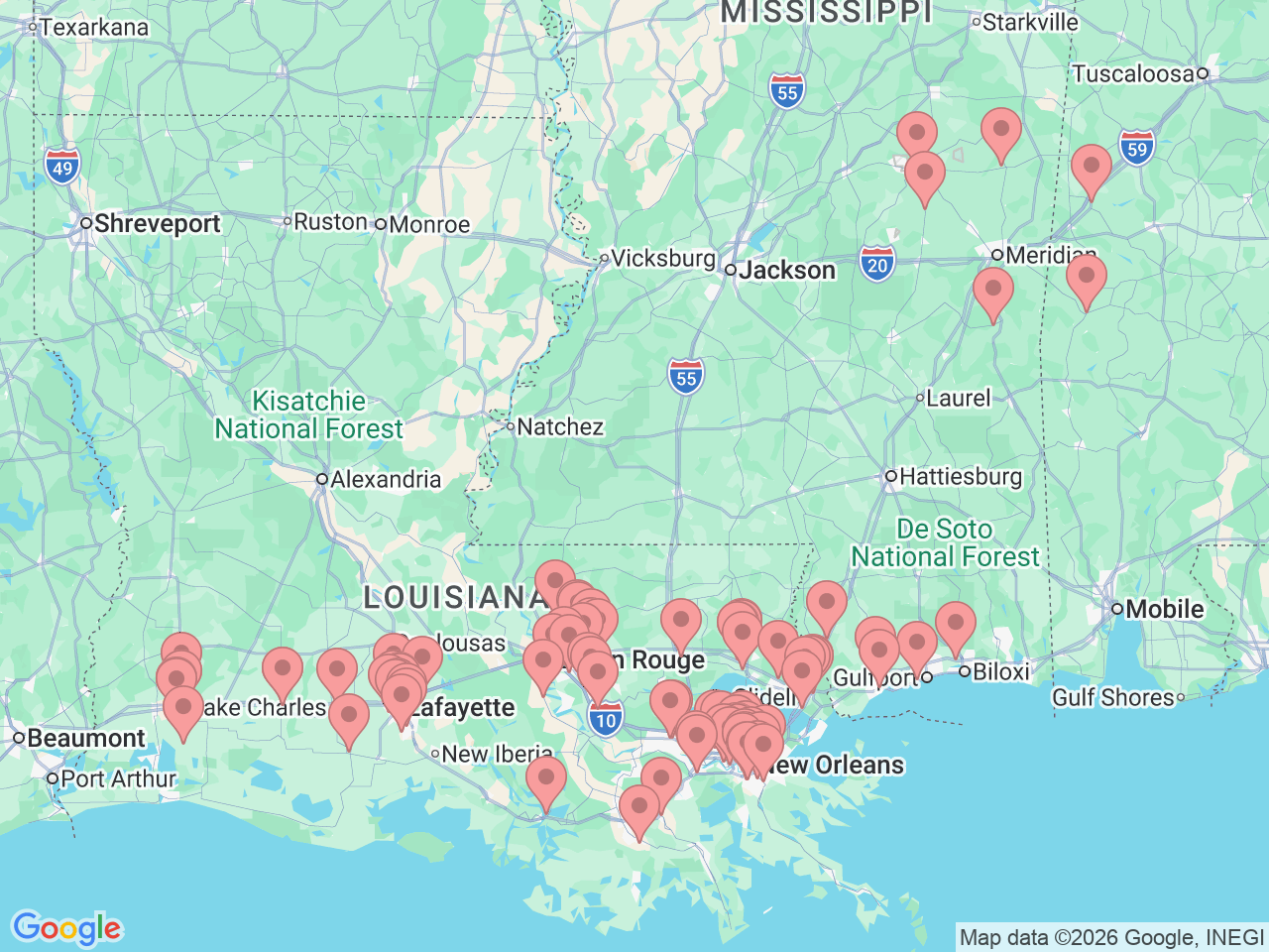 Map of Ochsner-affiliated facilities that provide services related to Radiology and Diagnostic Imaging