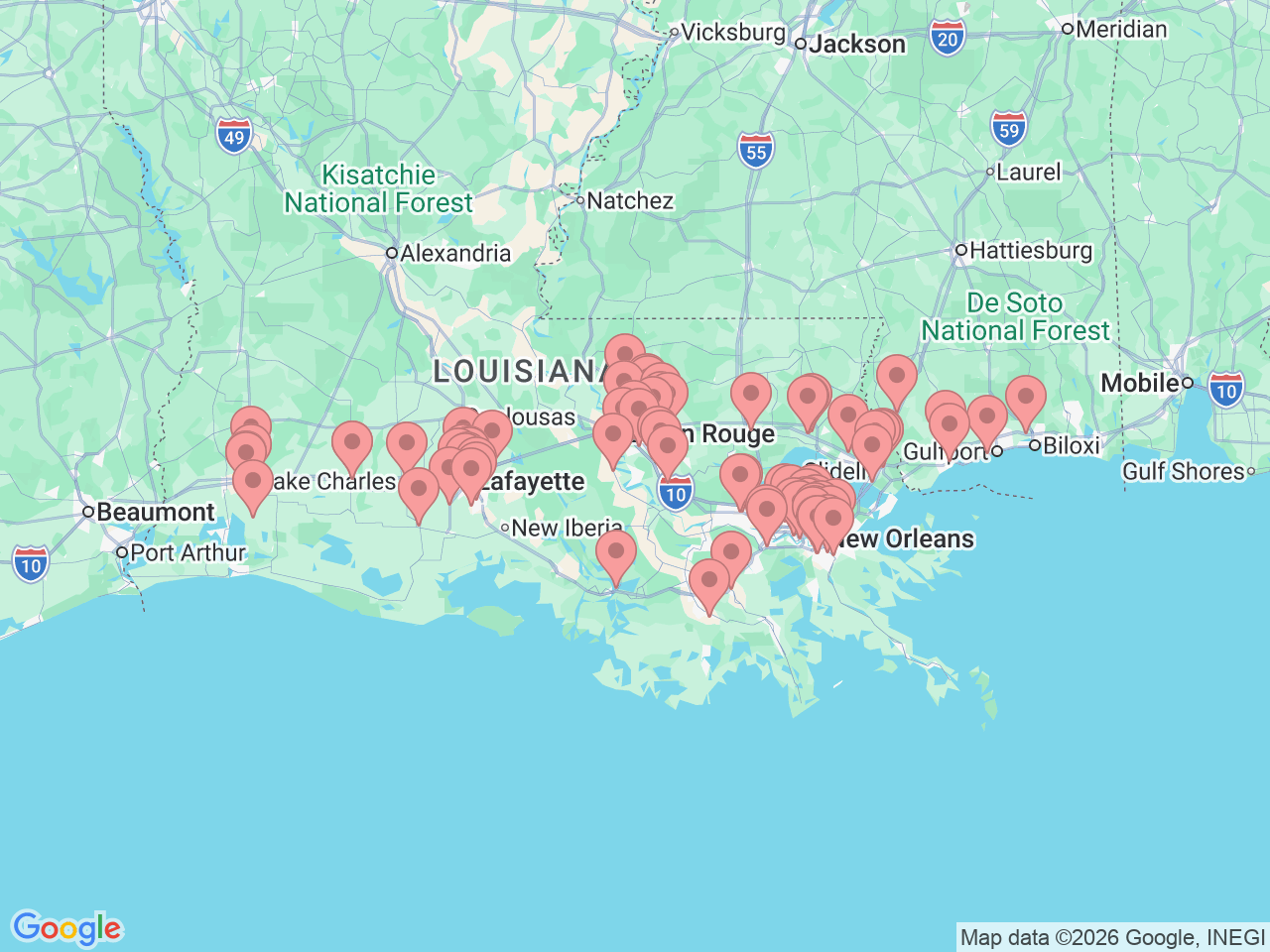 Map of Ochsner-affiliated facilities that provide services related to Radiology and Diagnostic Imaging