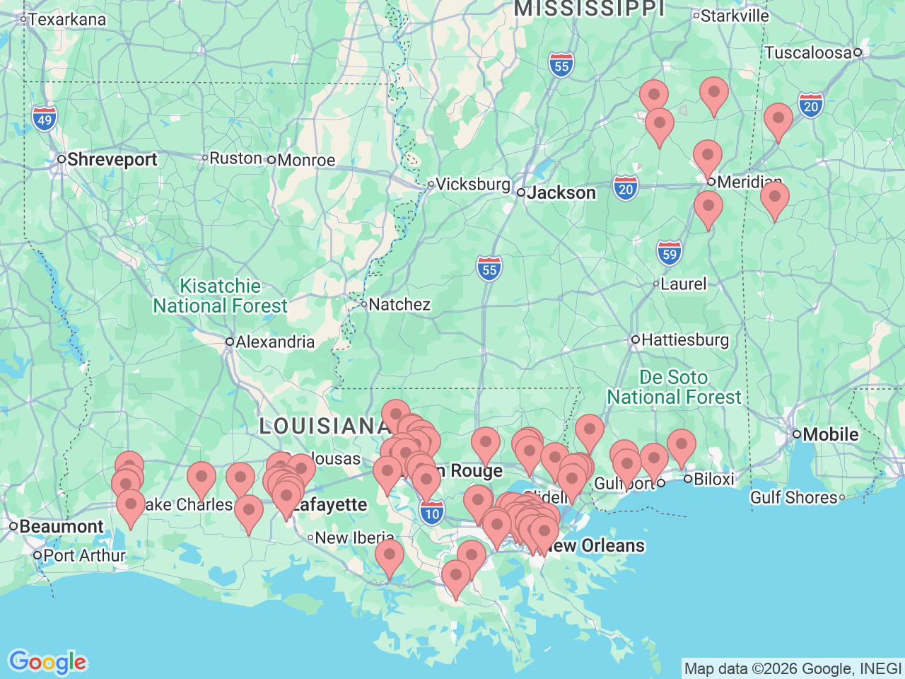 Map of Ochsner-affiliated facilities that provide services related to Radiology and Diagnostic Imaging