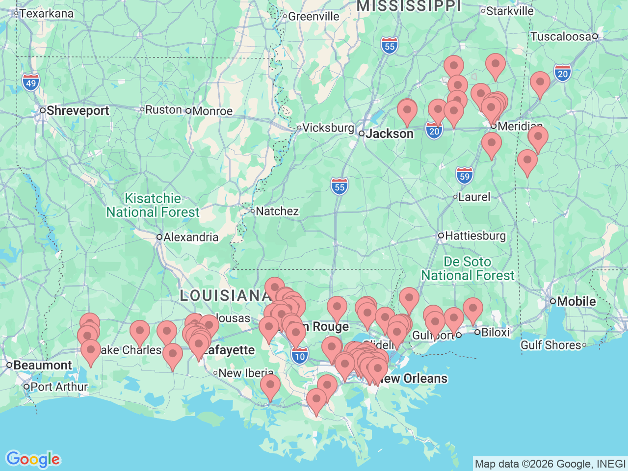 Map of Ochsner-affiliated facilities that provide services related to Radiology and Diagnostic Imaging