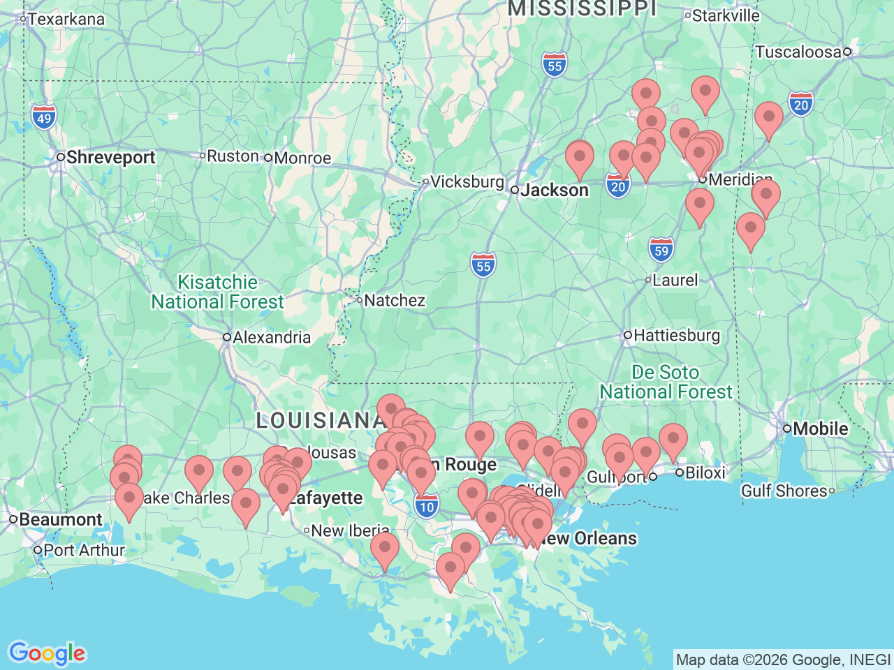 Map of Ochsner-affiliated facilities that provide services related to Radiology and Diagnostic Imaging