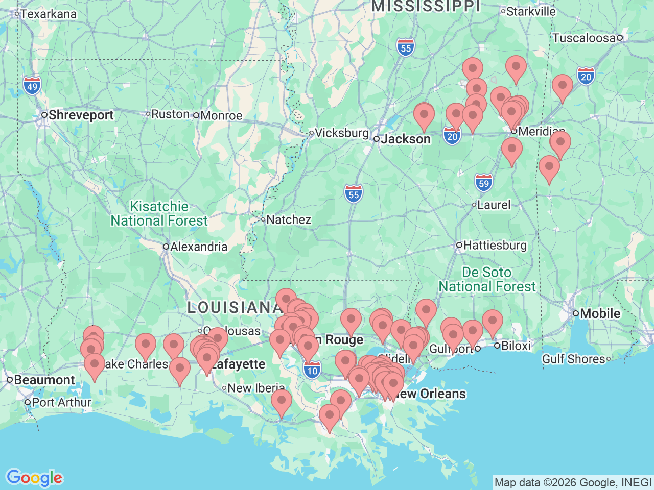 Map of Ochsner-affiliated facilities that provide services related to Radiology and Diagnostic Imaging