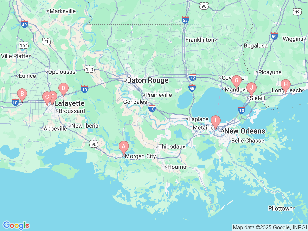 Map of Ochsner-affiliated facilities that provide services related to Inpatient Rehabilitation