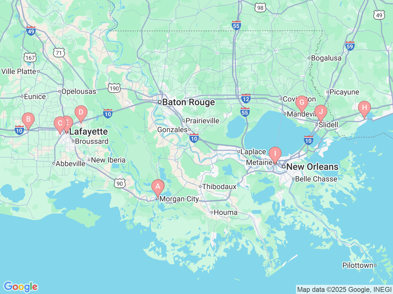 Map of Ochsner-affiliated facilities that provide services related to Inpatient Rehabilitation