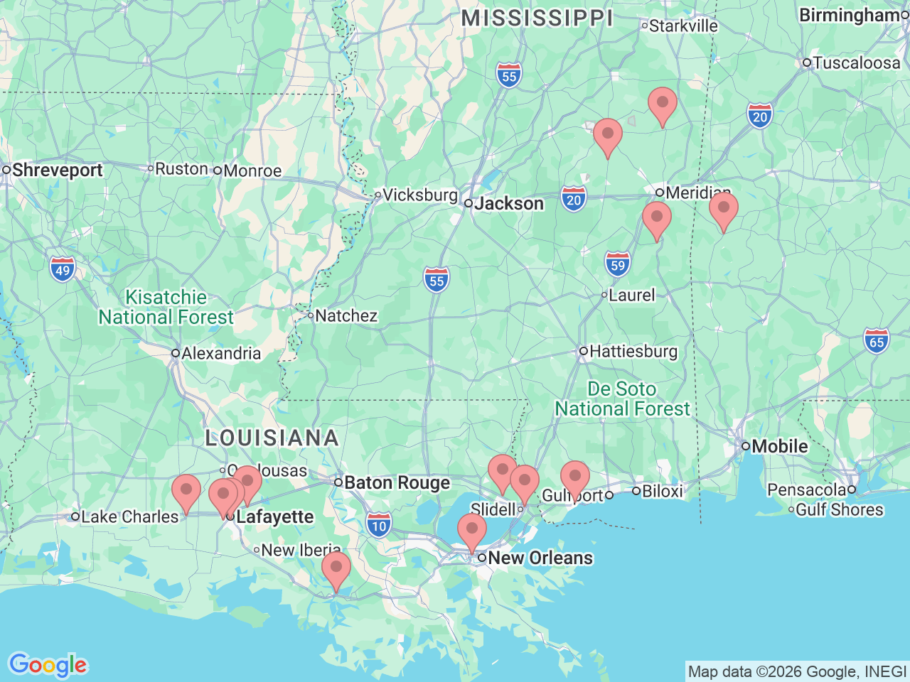 Map of Ochsner-affiliated facilities that provide services related to Inpatient Rehabilitation