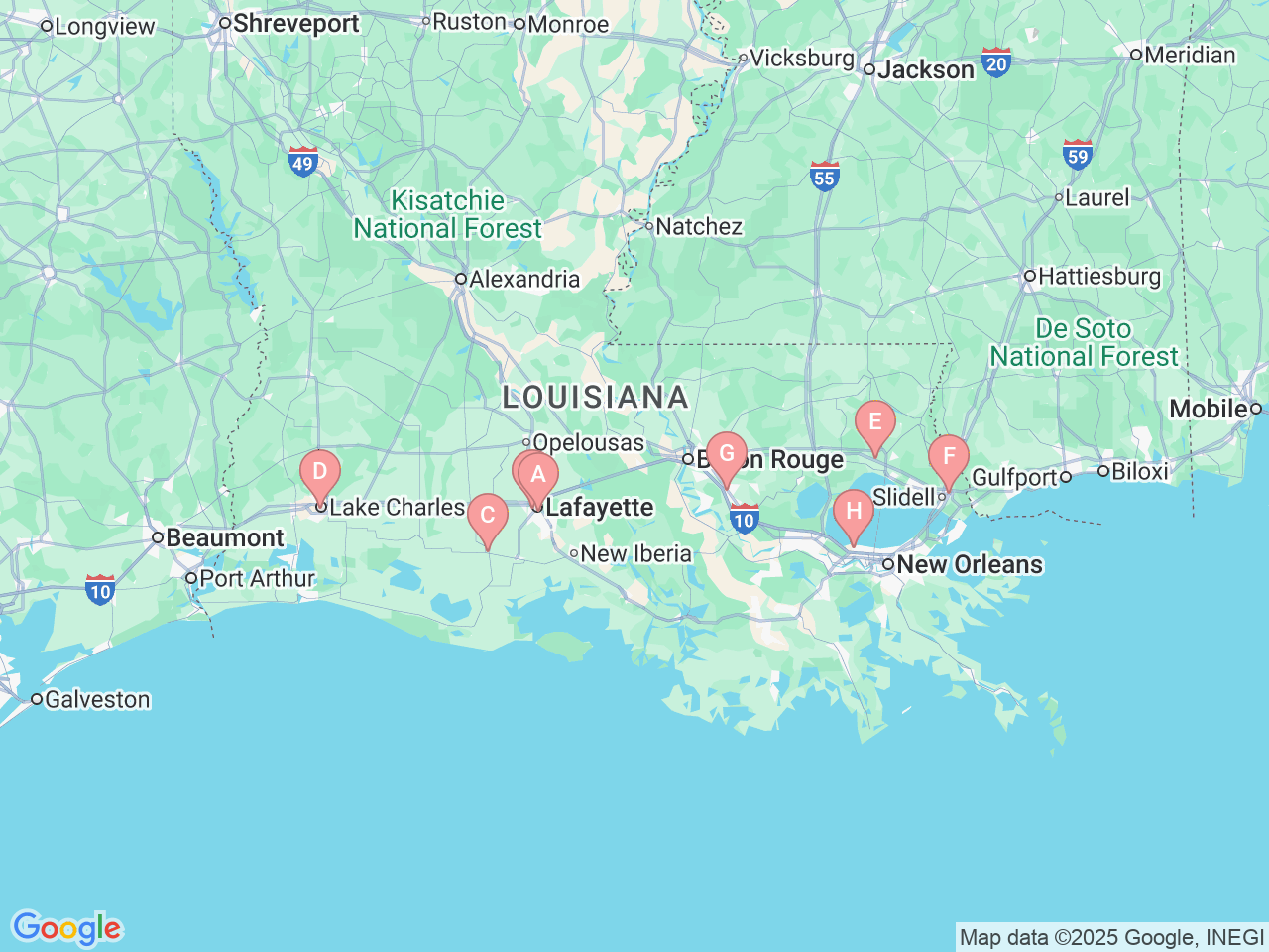 Map of Ochsner-affiliated facilities that provide services related to Rheumatology