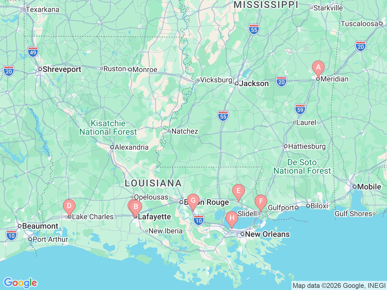 Map of Ochsner-affiliated facilities that provide services related to Rheumatology