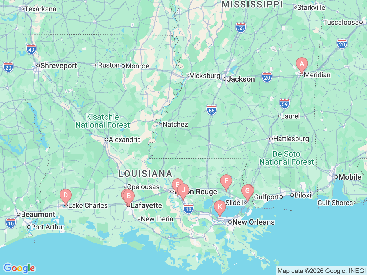 Map of Ochsner-affiliated facilities that provide services related to Rheumatology