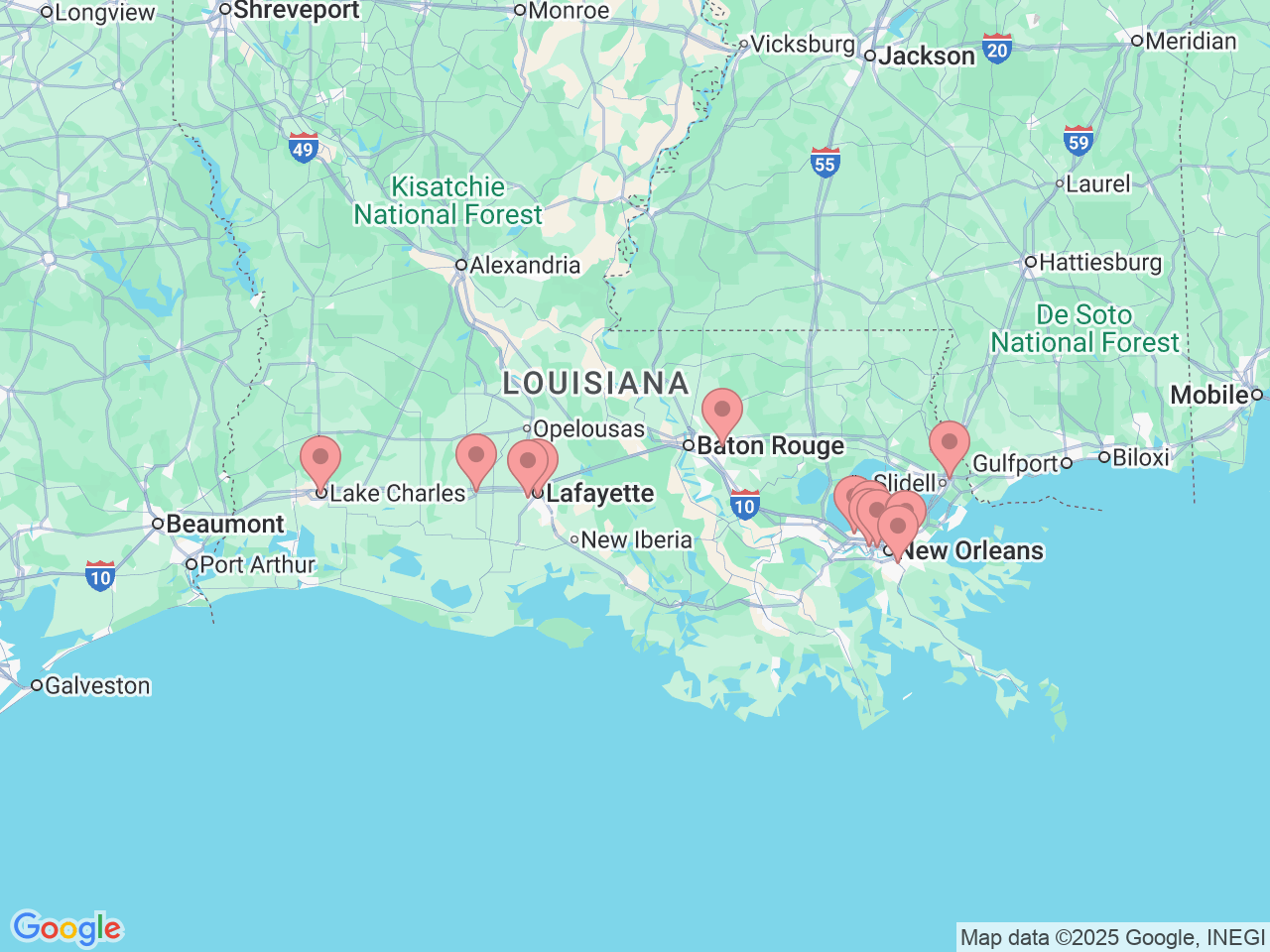 Map of Ochsner-affiliated facilities that provide services related to Robotic Surgery