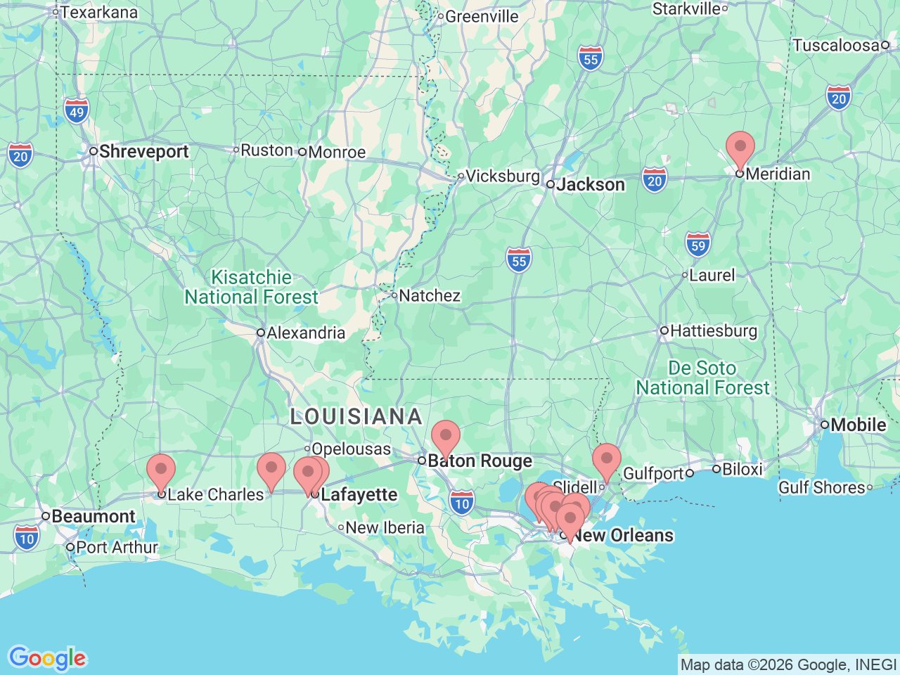 Map of Ochsner-affiliated facilities that provide services related to Robotic Surgery