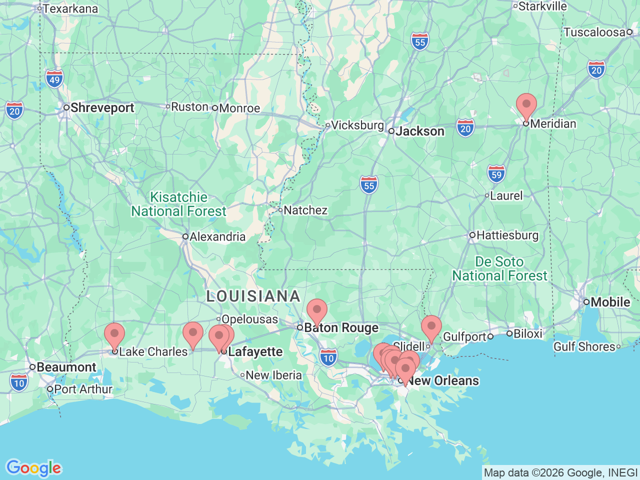 Map of Ochsner-affiliated facilities that provide services related to Robotic Surgery