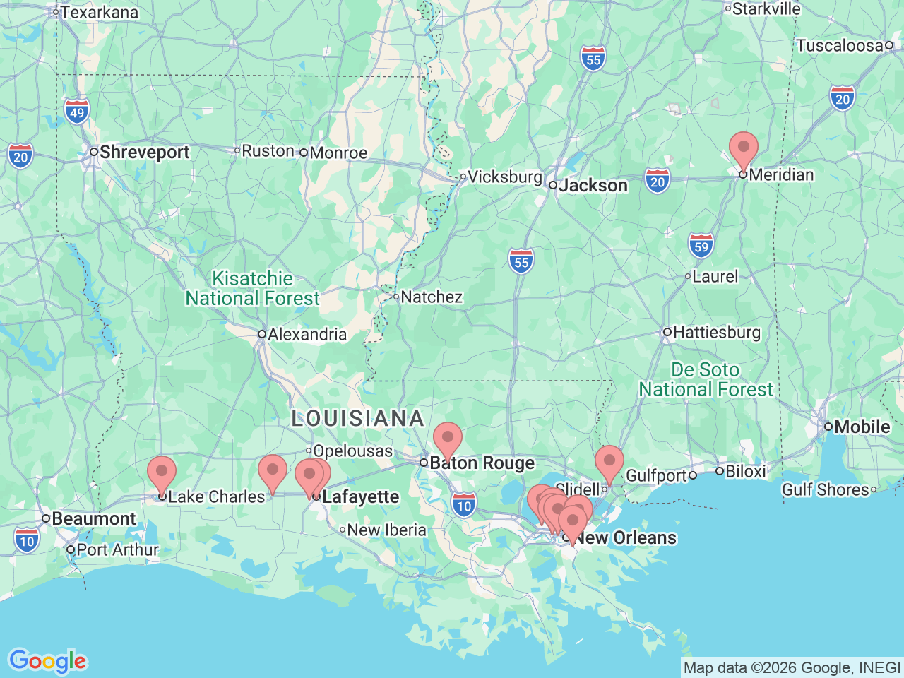 Map of Ochsner-affiliated facilities that provide services related to Robotic Surgery