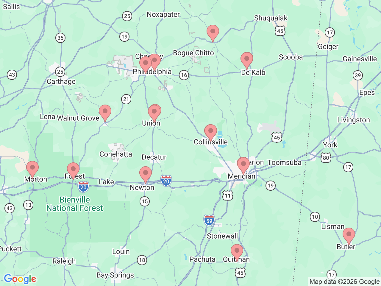 Map of Ochsner-affiliated facilities that provide services related to Senior Care