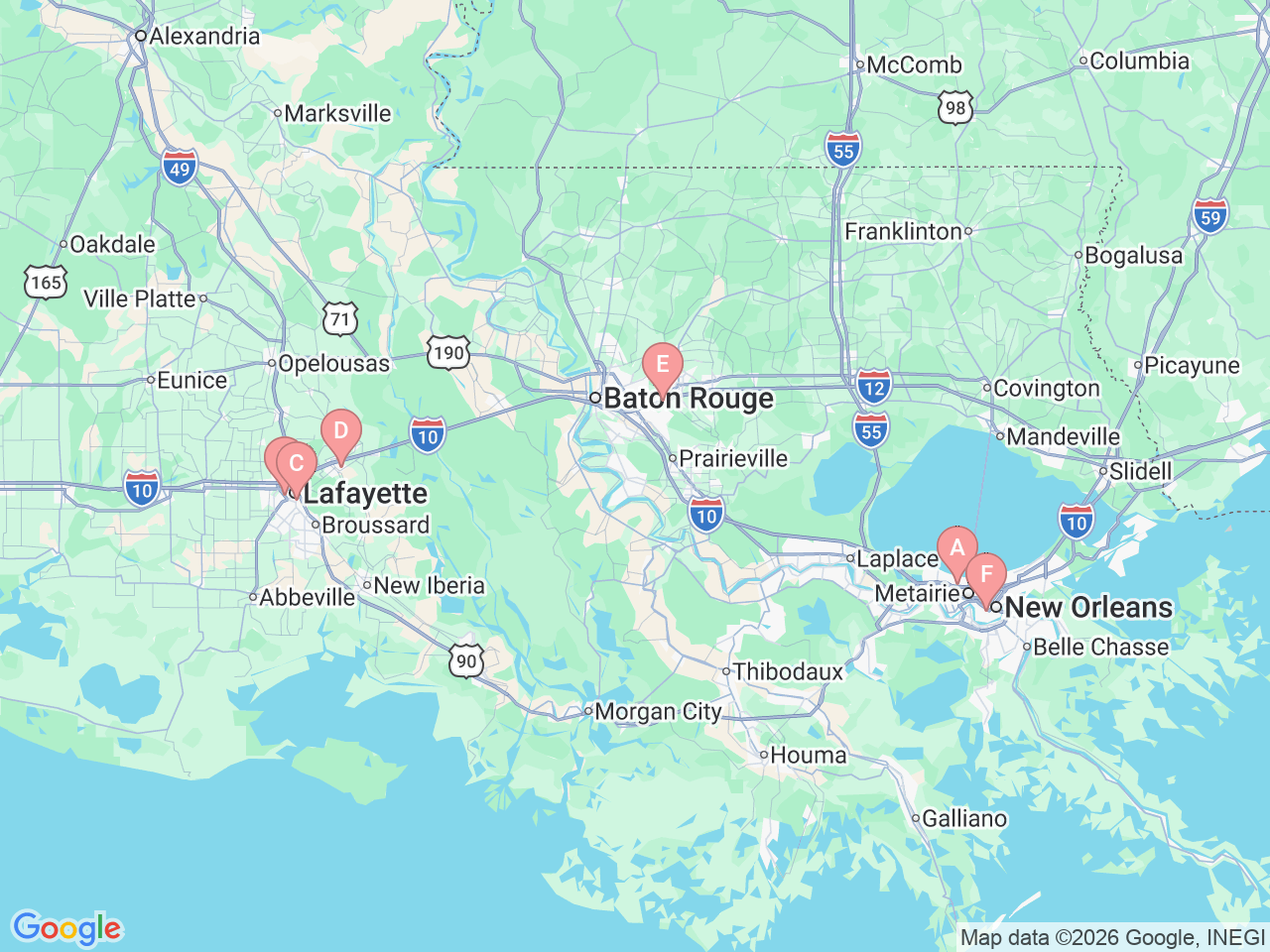 Map of Ochsner-affiliated facilities that provide services related to Sinus and Allergy Care