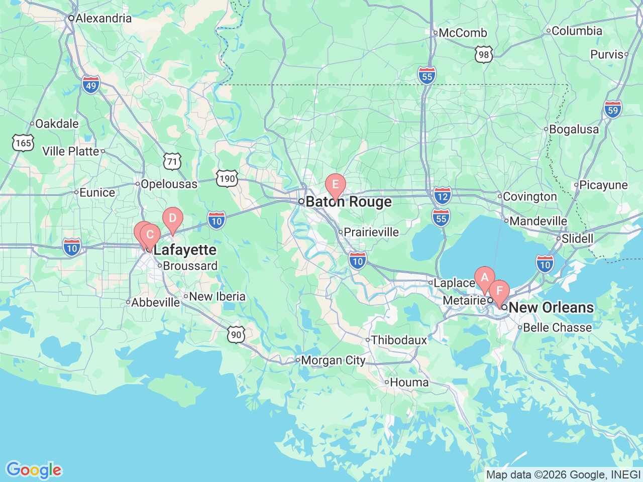 Map of Ochsner-affiliated facilities that provide services related to Sinus and Allergy Care