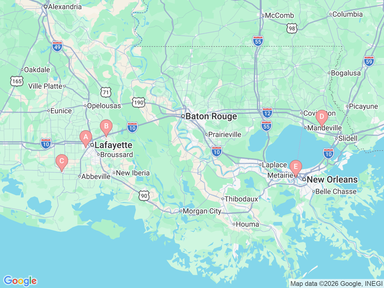 Map of Ochsner-affiliated facilities that provide services related to Skilled Nursing