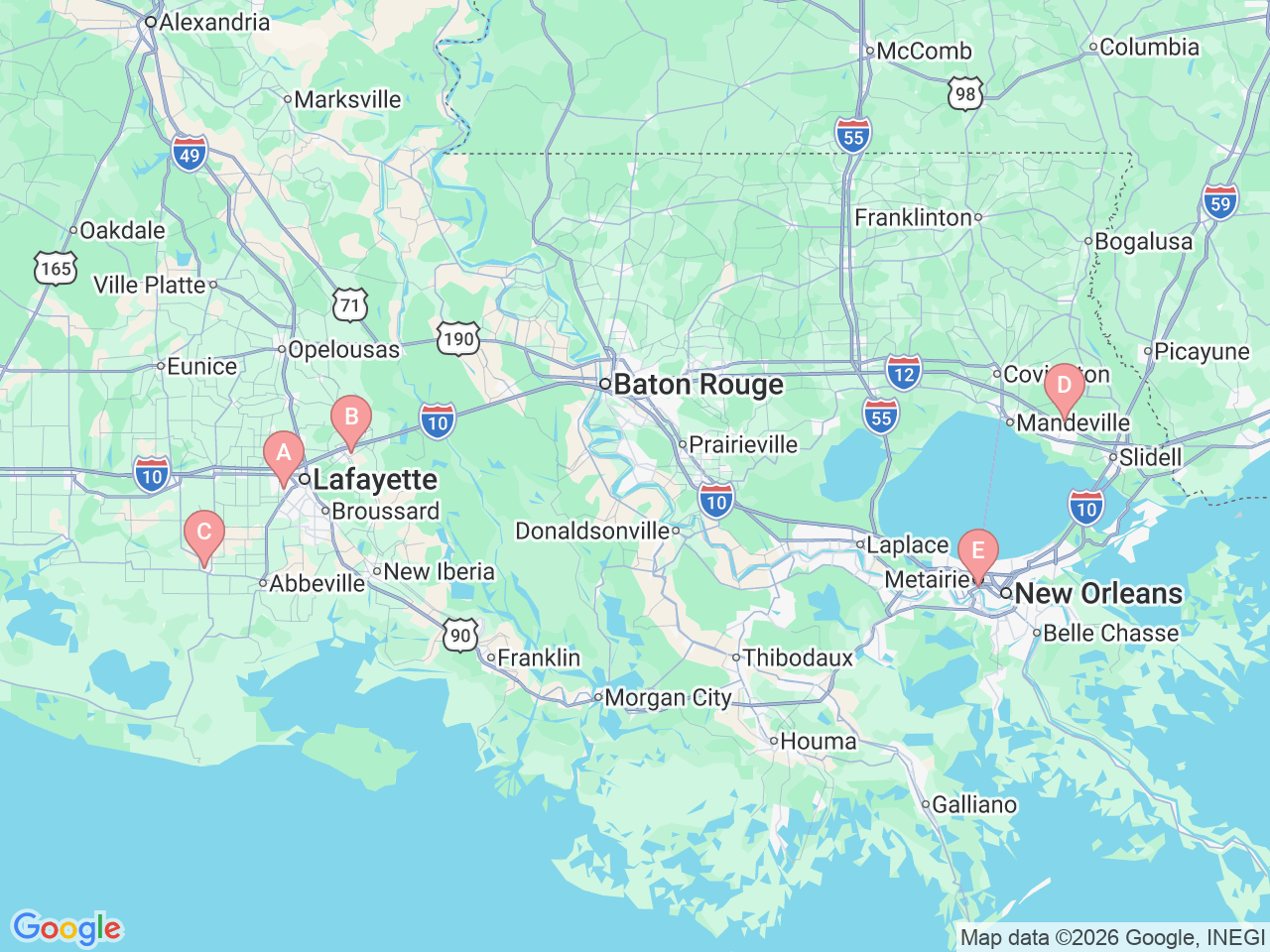 Map of Ochsner-affiliated facilities that provide services related to Skilled Nursing