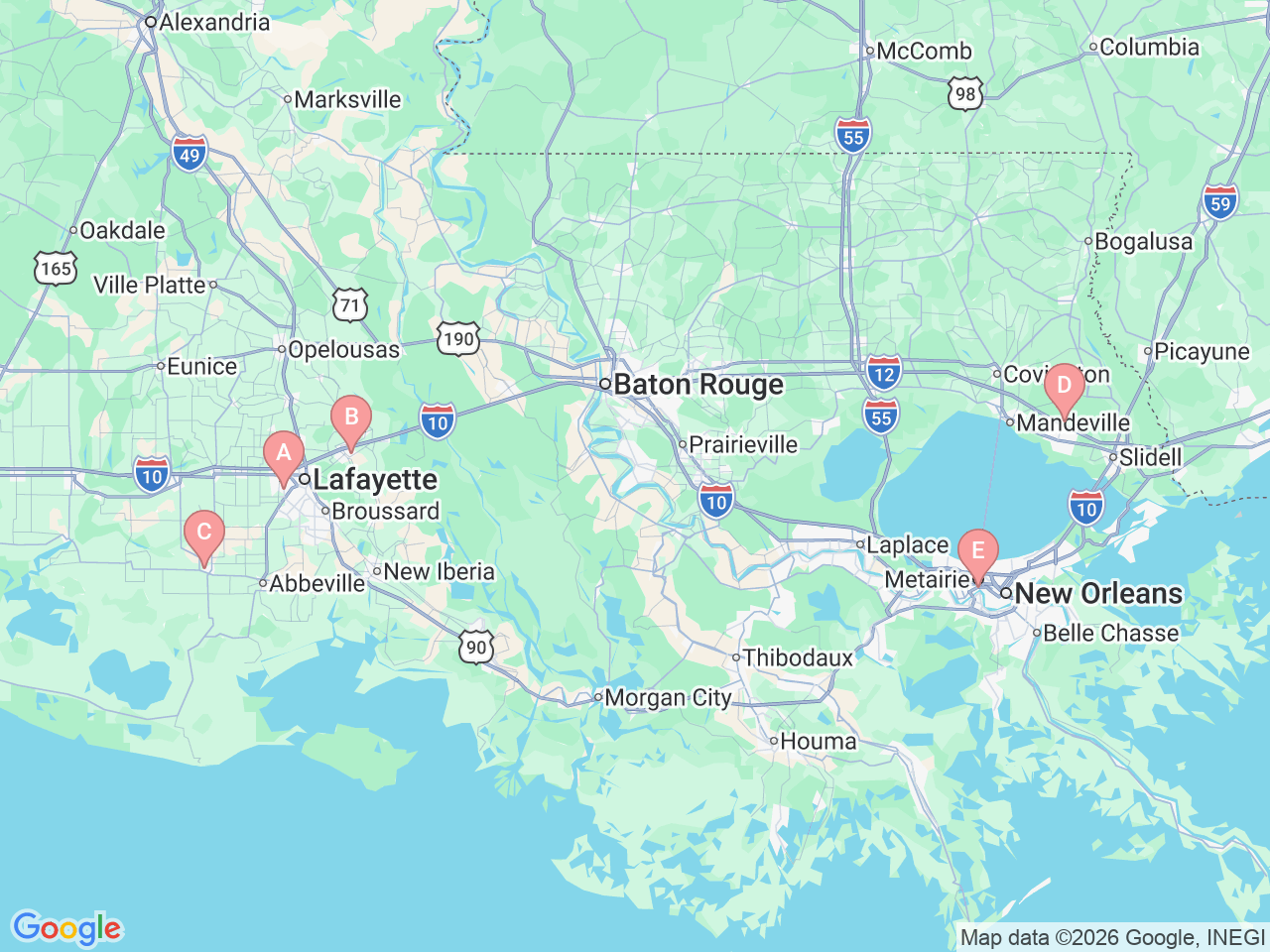 Map of Ochsner-affiliated facilities that provide services related to Skilled Nursing