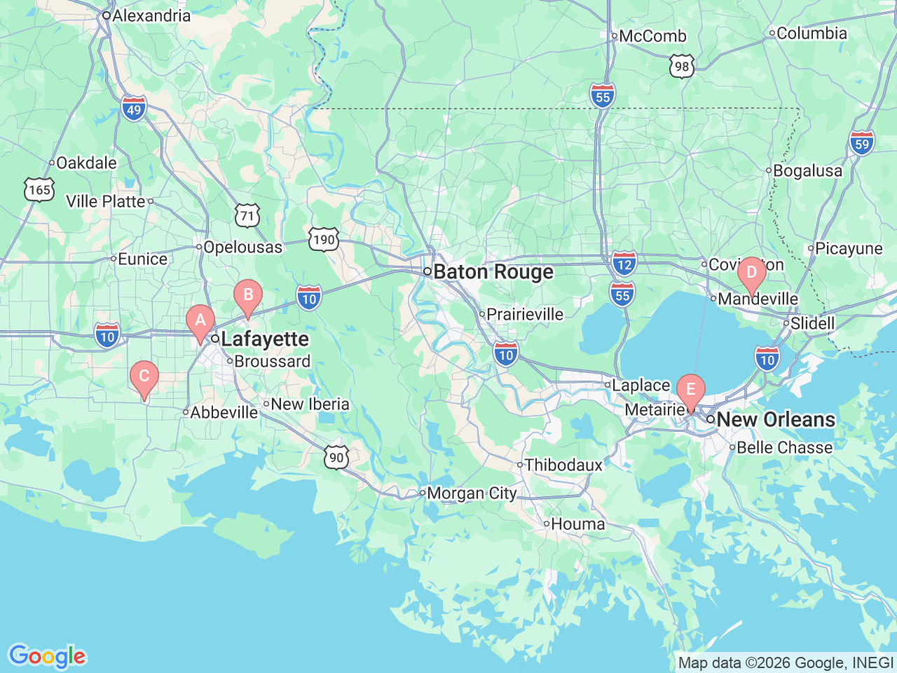 Map of Ochsner-affiliated facilities that provide services related to Skilled Nursing