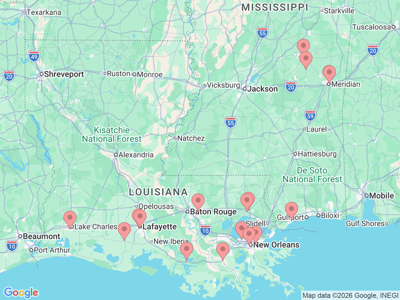 Map of Ochsner-affiliated facilities that provide services related to Sleep Disorders