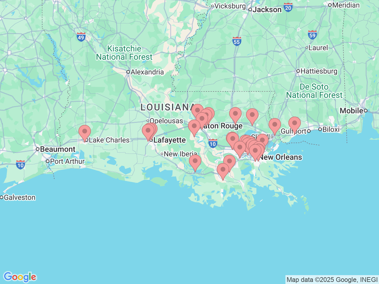 Map of Ochsner-affiliated facilities that provide services related to Smoking Cessation Services