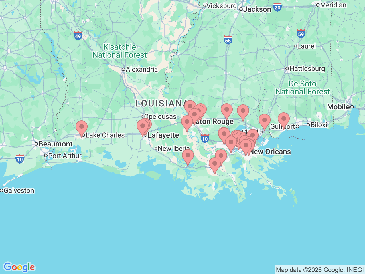 Map of Ochsner-affiliated facilities that provide services related to Smoking Cessation Services