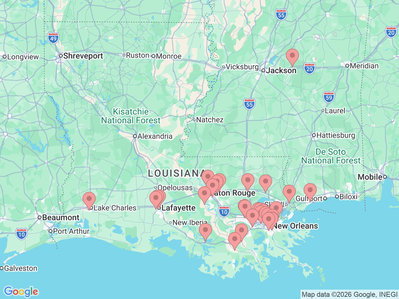 Map of Ochsner-affiliated facilities that provide services related to Smoking Cessation Services