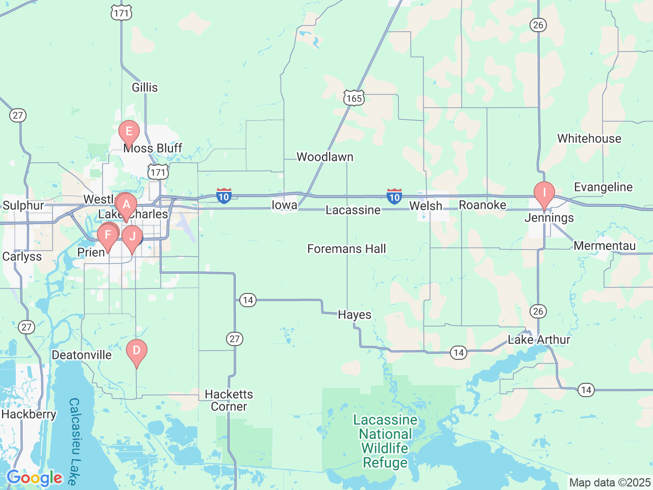 Map of Ochsner-affiliated facilities that provide services related to Southwest Louisiana