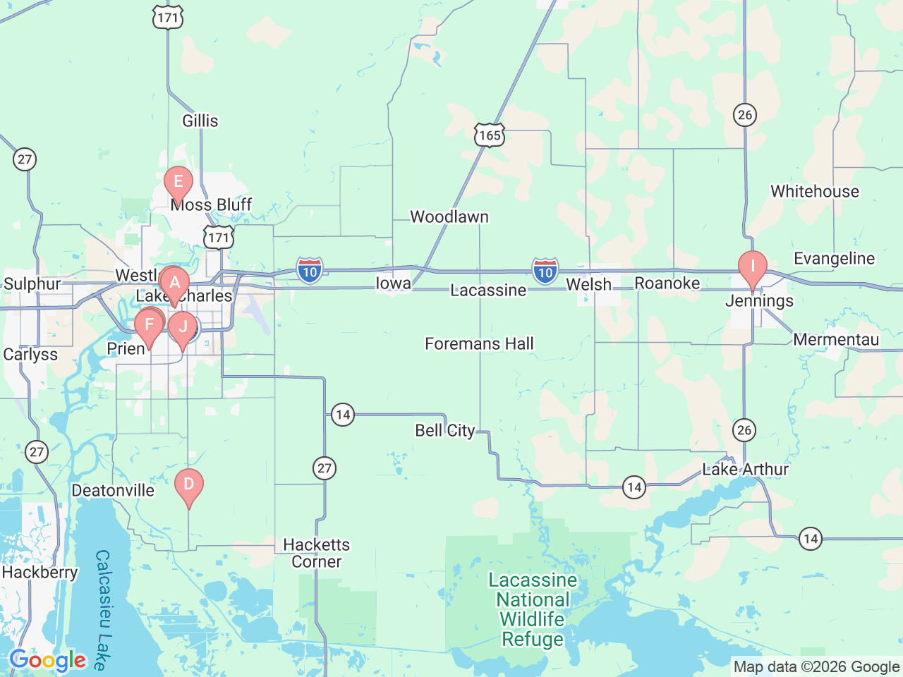 Map of Ochsner-affiliated facilities that provide services related to Southwest Louisiana