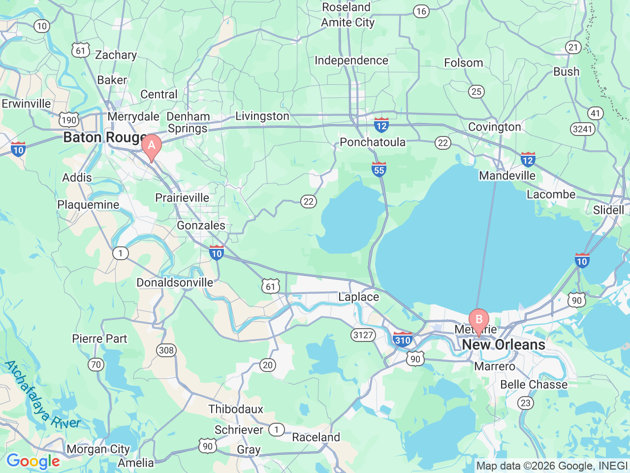 Map of Ochsner-affiliated facilities that provide services related to Ochsner Specialty Pharmacy