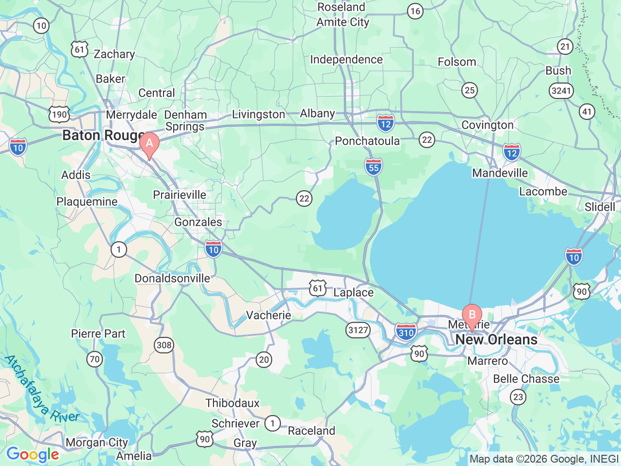 Map of Ochsner-affiliated facilities that provide services related to Ochsner Specialty Pharmacy