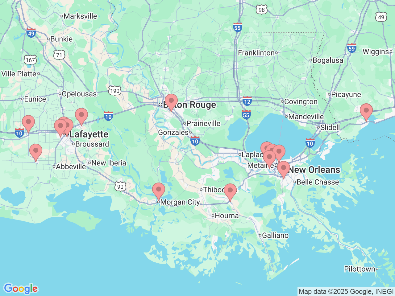 Map of Ochsner-affiliated facilities that provide services related to Speech & Language Pathology