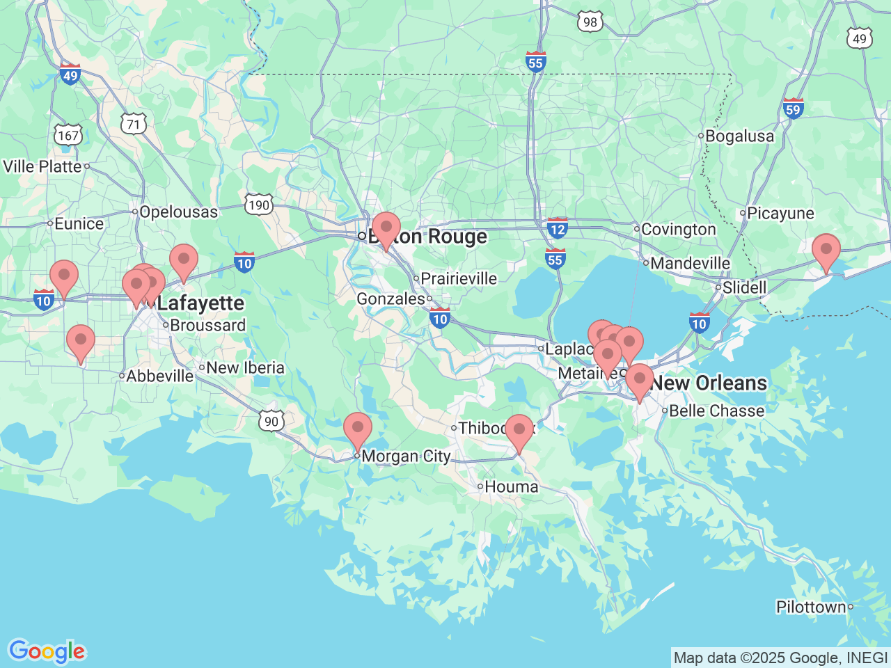 Map of Ochsner-affiliated facilities that provide services related to Speech & Language Pathology