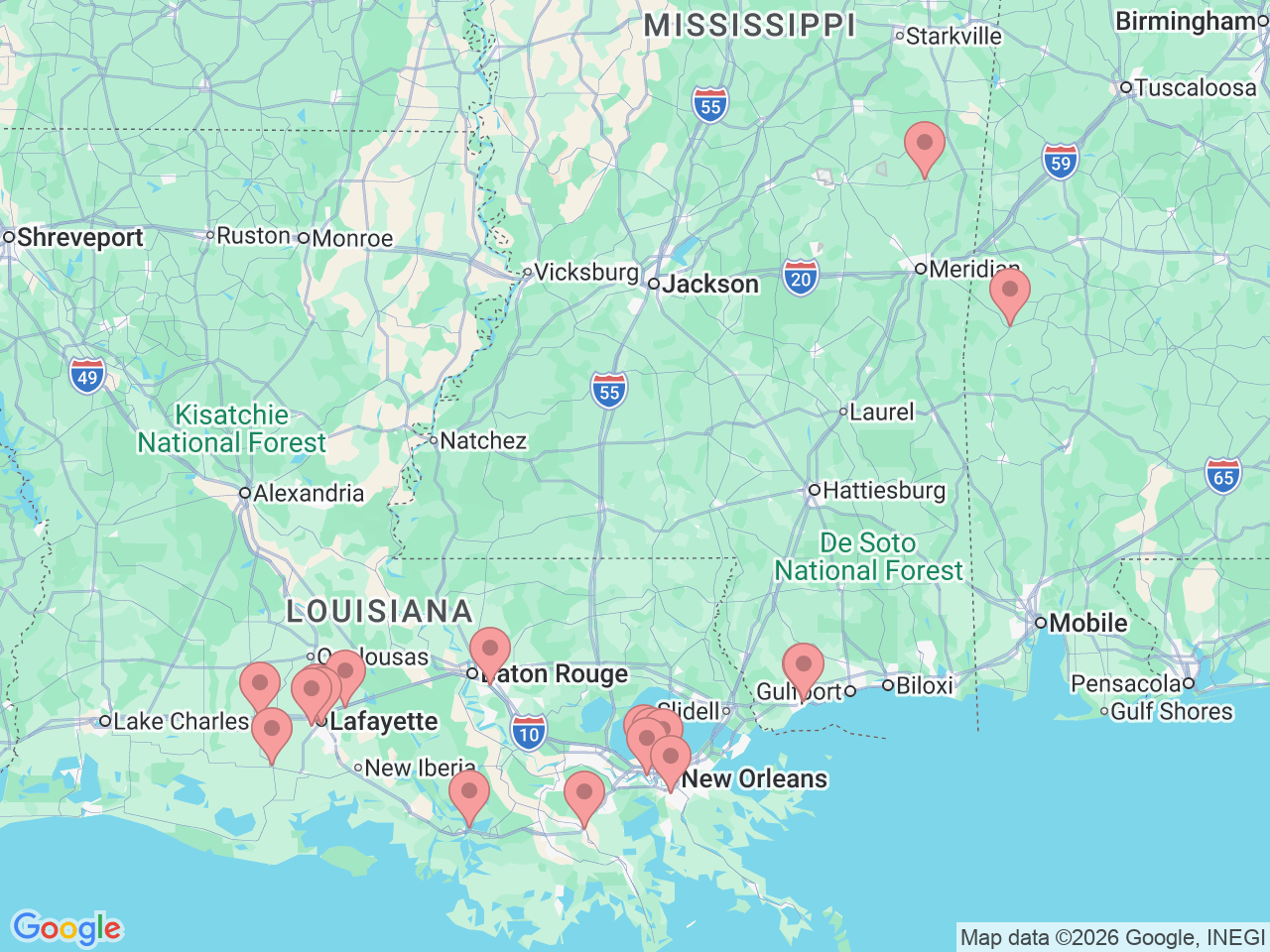 Map of Ochsner-affiliated facilities that provide services related to Speech & Language Pathology