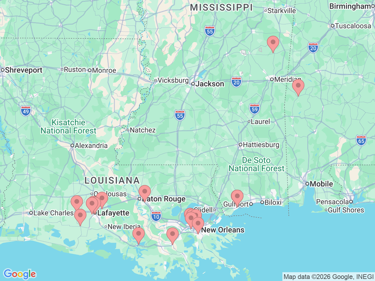 Map of Ochsner-affiliated facilities that provide services related to Speech & Language Pathology