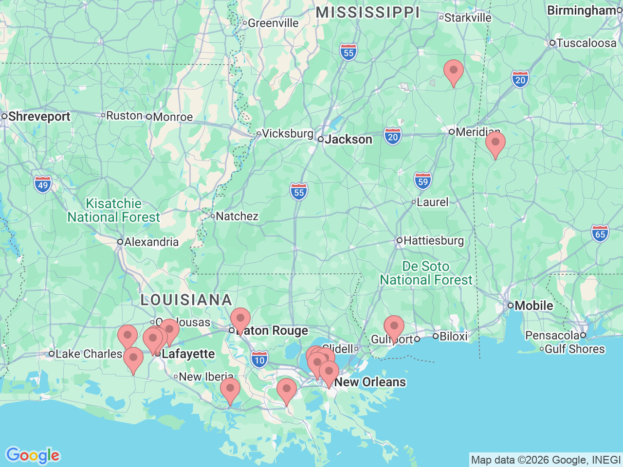 Map of Ochsner-affiliated facilities that provide services related to Speech & Language Pathology