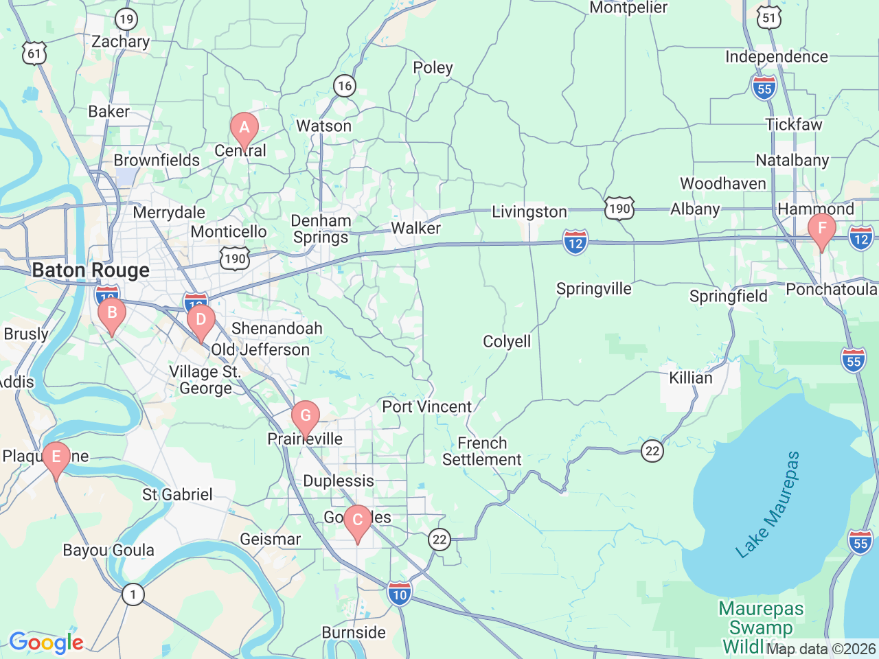 Map of Ochsner-affiliated facilities that provide services related to Sports Medicine: Baton Rouge